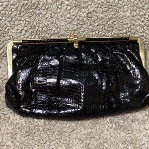 Vintage Black Snakeskin clutch Purse tan suede interior w/2 zipper pockets Clean